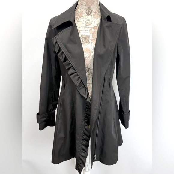 JESSICA SIMPSON Elegant Black Ruffle Trim trench Coat size S - Picture 3 of 13